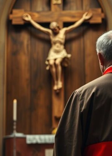 Realistyczne zdjęcie kapłana przed krzyżem w tradycyjnej katolickiej scenerii Klasztor katolicki z kaplicą, kapłan w stroju liturgicznym przed krzyżem, wyraz powagi i czci, realistyczne zdjęcie liturgii w tradycyjnym stylu kościelnym