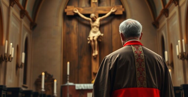 Klasztor katolicki z kaplicą, kapłan w stroju liturgicznym przed krzyżem, wyraz powagi i czci, realistyczne zdjęcie liturgii w tradycyjnym stylu kościelnym