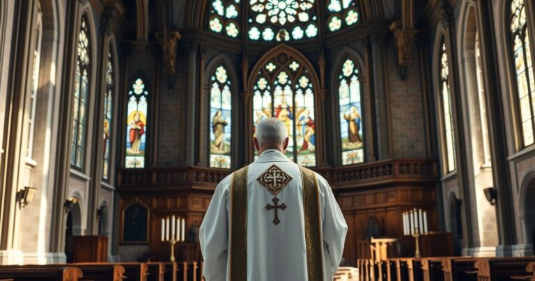 Catholic priest w tradycyjnych szatach przed ołtarzem w kościele, światło przez witraże, atmosfera modlitwy i wiary