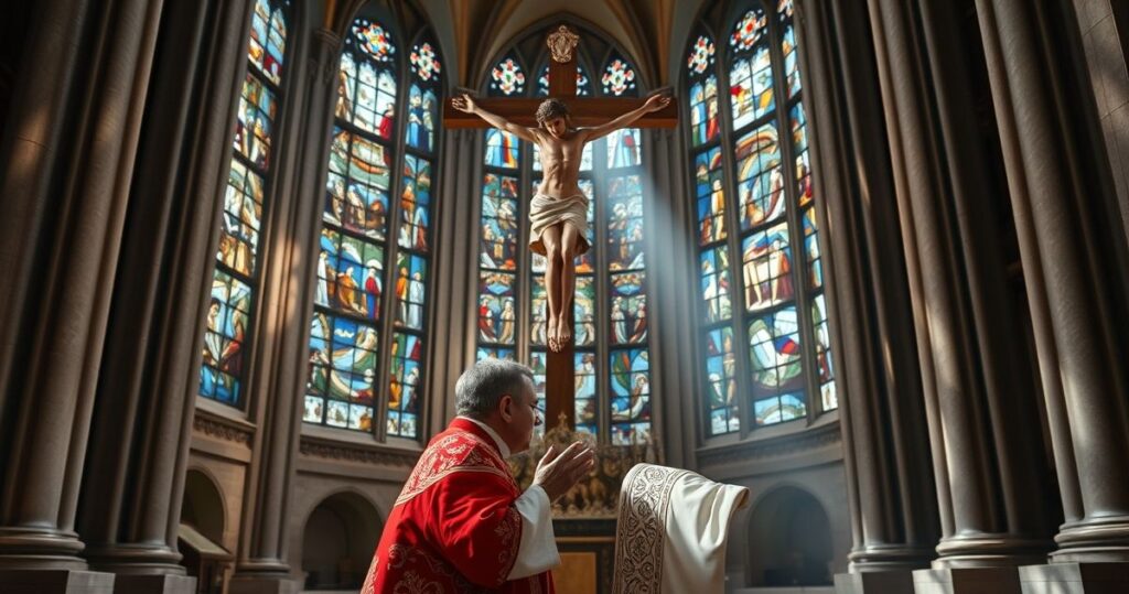 Katolicki kapłan modli się przed krucyfiksem w świątyni, symbolizując odrzucenie materialistycznego redukcjonizmu nauki wobec prawdy wiary