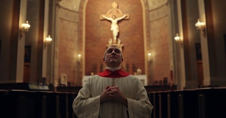 Kapłan modlący się w tradycyjnej katolickiej świątyni, wyraz głębokiej refleksji i duchowej powagi