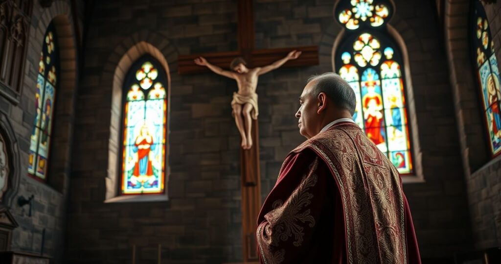Kapłan modlący się w tradycyjnym kościele, symbolizujący duchową walkę i krytykę fałszywego pokoju bez Chrystusa na Kaukazie