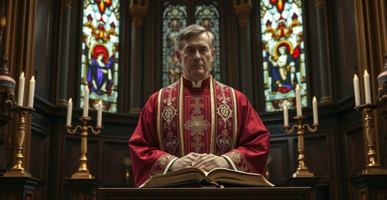 Rewerentny obraz katolickiego kapłana modlącego się w kościele, symbolizujący krytykę kultu Padre Pio i fałszywych objawień