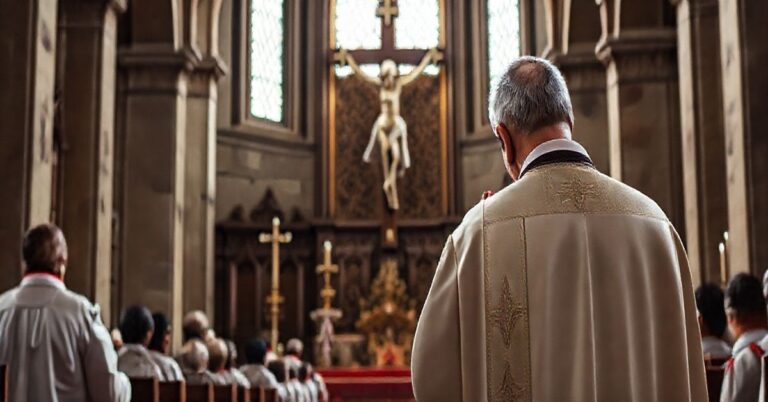 Duchowy obraz kapłana modlącego się przed krucyfiksem w historycznym wnętrzu kościoła, symbolizujący katolicką wiarę i królestwo Chrystusa