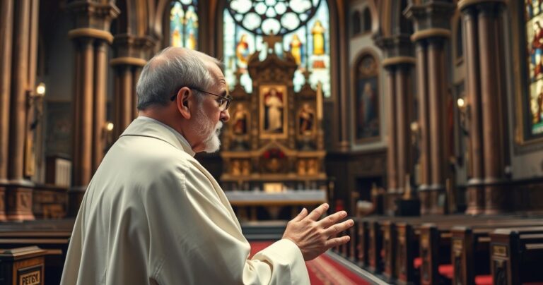 Ksiądz katolicki w głębokiej modlitwie w starym kościele, symbolizujący wiarę i tradycję w obliczu nowoczesnych zagrożeń