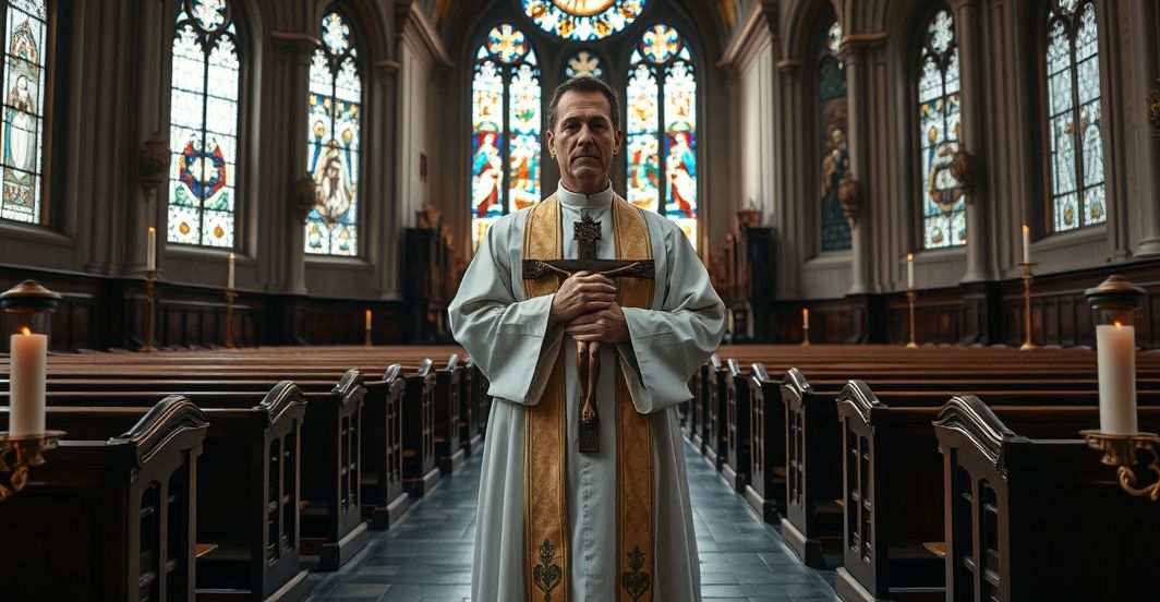 Sentymentalny obraz katolickiego kościoła z kapłanem trzymającym krucyfiks, symbolizujący duchową walkę i kryzys w Watykanie