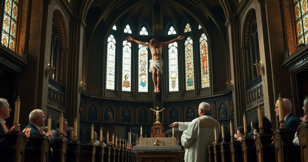Religijna scena w kościele ukazująca kapłana odczytującego z krzyża, symbolizująca duchowe rozczarowanie i krytykę współczesnych zagrożeń moralnych w społeczeństwie katolickim