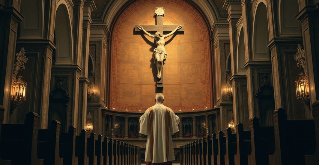 Catholic Church Interior Reflecting Moral Crisis and Need for Spiritual Renewal Religijna scena w kościele ukazująca kapłana odczytującego z krzyża, symbolizująca duchowe rozczarowanie i krytykę współczesnych zagrożeń moralnych w społeczeństwie katolickim