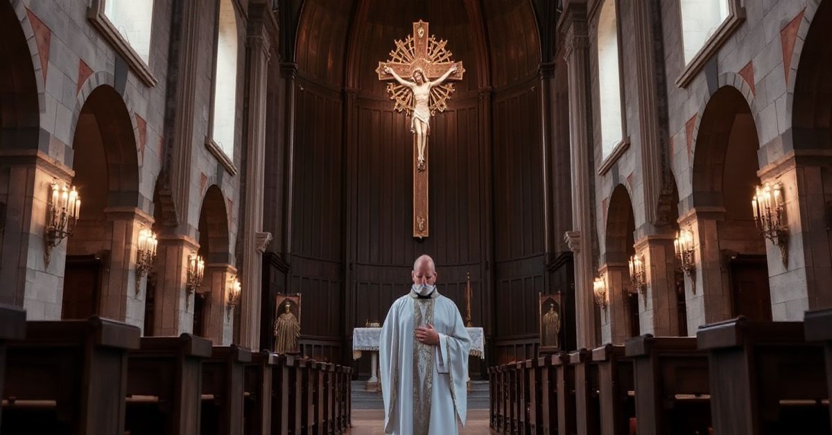 Obraz katolickiego kapłana modlącego się w kościele z krucyfiksem Szaroformalny obraz katolickiego kościoła z kapłanem w modlitwie przed krucyfiksem, podkreślający potrzebę prawdziwego Chrystusa Króla w obliczu kryzysu moralnego.