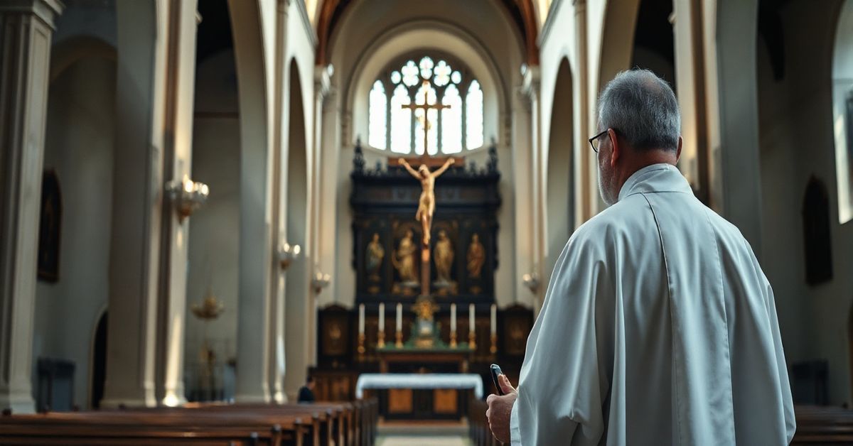 Refleksja katolicka nad polityką społeczną i moralnym kryzysem Kardynał w tradycyjnym kościele katolickim z krzyżem, symbolizujący moralny sprzeciw wobec nowoczesnych polityk społecznych