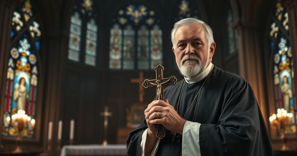 Dojrzały kapłan w tradycyjnych szatach stojący w kościele z Krzyżem, za nim witraże i ołtarz, wywołując uczucie głębokiej pobożności i refleksji nad duchowym porządkiem.