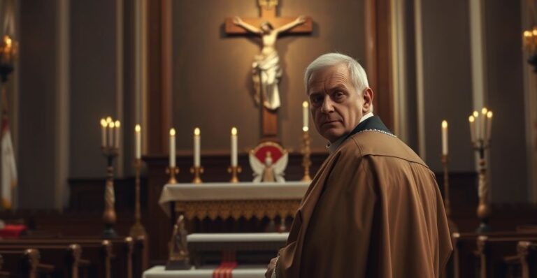 Rewersywny obraz katolickiego kapłana w liturgicznym otoczeniu, wyrażającego powagę i krytykę wobec współczesnego światowego chaosu i odchyleń od prawa Bożego