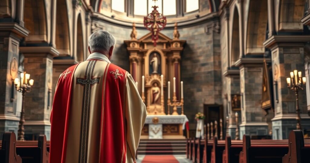 Ksiądz w tradycyjnych szatach w głębokiej, pobożnej modlitwie w starej katedrze, podkreślając autentyczną, katolicką duchowość i tradycję, bez surrealizmu