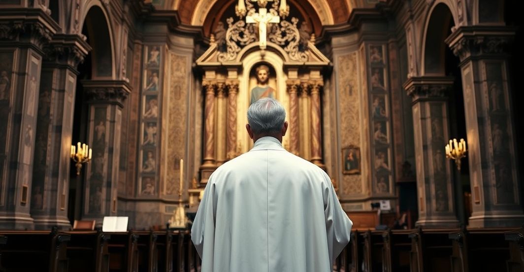 Kapłan w kościele jako symbol katolickiej wizji rodziny i krytyki modernistycznych trendów Kapłan w tradycyjnych szatach przed ołtarzem w zabytkowym kościele, symbolizujący powrót do katolickich wartości i krytykę współczesnych ideologii demograficznych