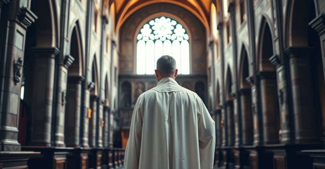 Ksiądz w tradycyjnych szatach w głębokiej, pobożnej modlitwie w starej katedrze, podkreślając autentyczną, katolicką duchowość i tradycję, bez surrealizmu