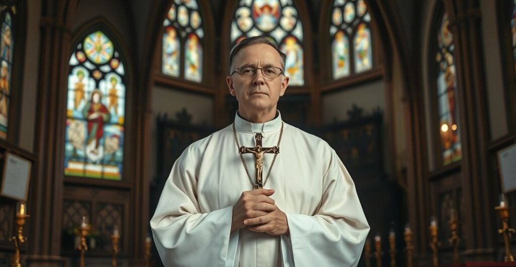 Kapłan katolicki w tradycyjnym stroju w kościele, trzymający krucyfiks, o poważnym, kontemplacyjnym wyrazie, symbolizujący wierność prawdziwej wierze katolickiej