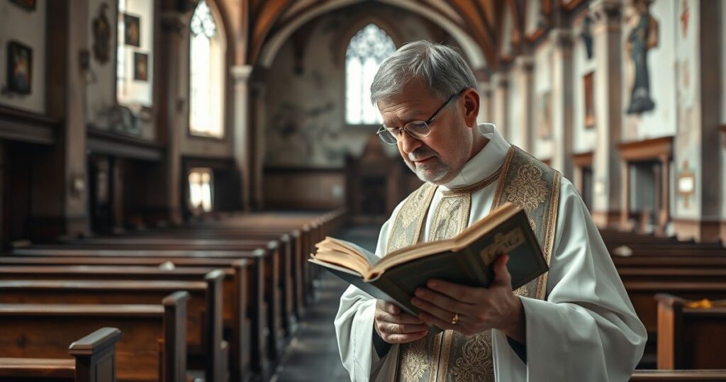 Kapłan w tradycyjnych szatach w kościele, symbolizujący duchową odnowę i krytykę współczesnych zagrożeń dla wiary katolickiej