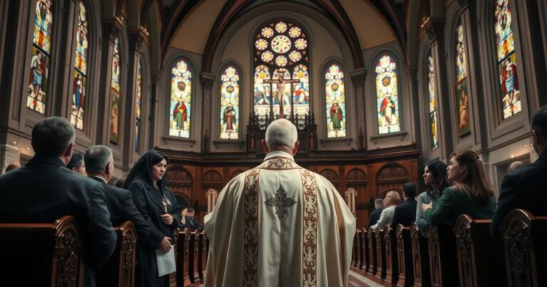 Kapłan w tradycyjnych szatach w kościele, symbolizujący duchową odnowę i krytykę współczesnych zagrożeń dla wiary katolickiej