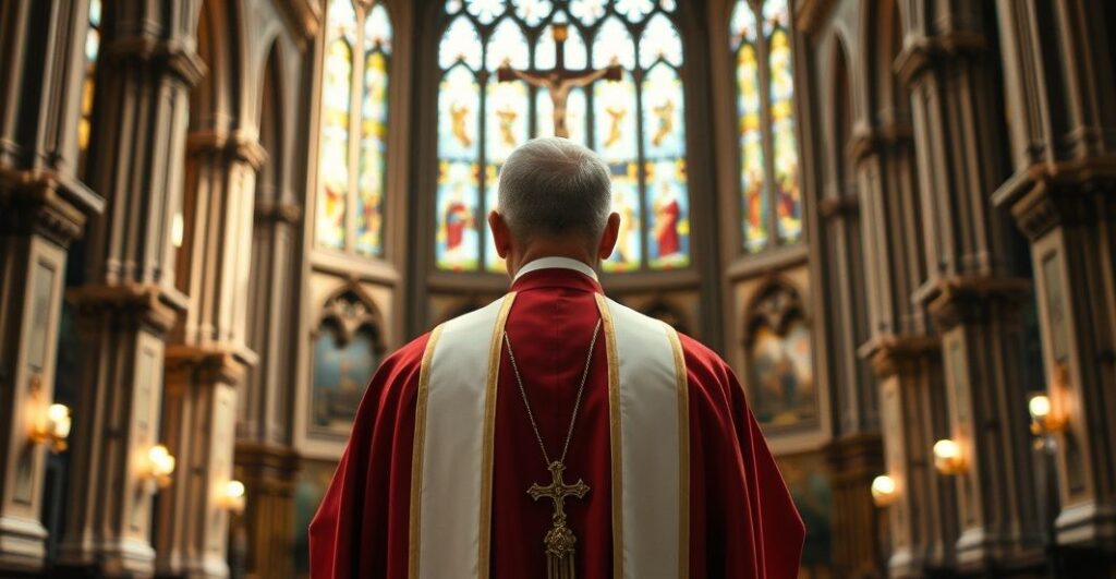 Kapłan katolicki w sutannie w świątyni, wyrażający troskę o wolność i panowanie Chrystusa nad narodem, na tle krzyża i witraży, symbolizujący wierność prawdziwej wierze.