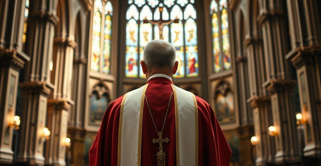 Kapłan katolicki w sutannie w świątyni, wyrażający troskę o wolność i panowanie Chrystusa nad narodem, na tle krzyża i witraży, symbolizujący wierność prawdziwej wierze.