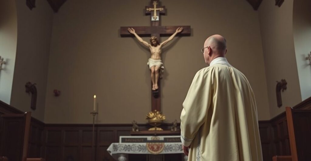 Ksiądz w tradycyjnych szatach przy krucyfiksy w kościele, symbolizujący kryzys wiary i moralny upadek Polski bez Chrystusa Króla