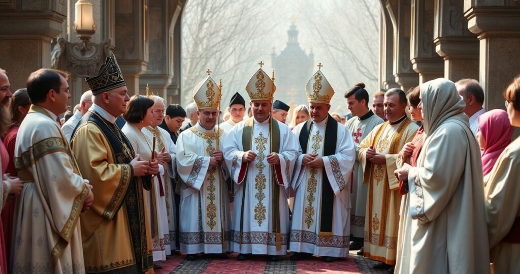 Obraz katolickich duchownych modlących się w kaplicy, symbolizujący krytyczną refleksję nad współczesnym Kościołem i jego duchową kondycją.