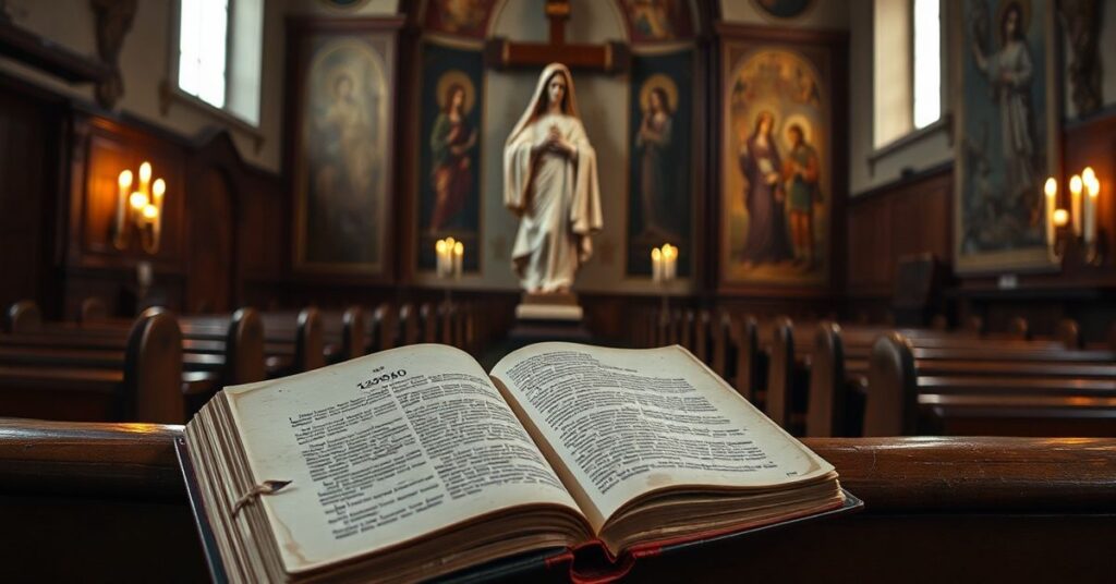 Stary kościół katolicki z rzeźbą Serca Jezusowego i otwartą księgą "2050" "kardynała" Roberta Saraha