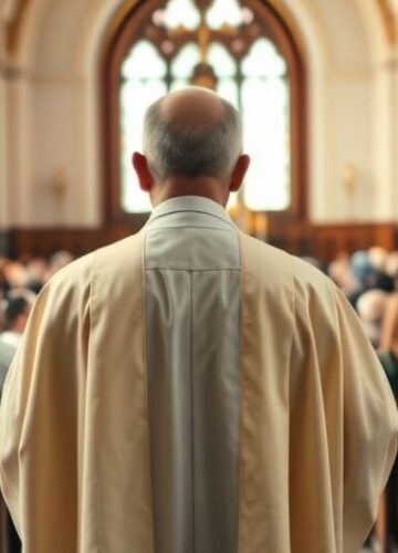 Kanoniczna scena katolicka ukazująca krytykę ekumenizmu i synkretyzmu religijnego Szczegółowa, realistyczna scena katolicka z kapłanem w kościele, krytykująca ekumeniczne spotkanie promujące fałszywą harmonię religijną