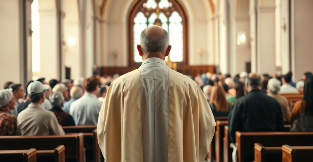 Szczegółowa, realistyczna scena katolicka z kapłanem w kościele, krytykująca ekumeniczne spotkanie promujące fałszywą harmonię religijną