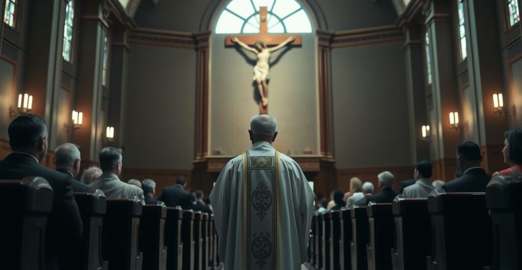 Szczegółowe zdjęcie kościoła katolickiego z kapłanem przed krucyfiksem, wyrażające powagę i krytykę wobec nowoczesnych problemów gender i medykalizacji duszy.
