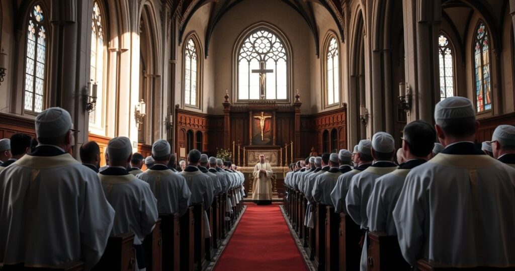Sytuacja w kościele katolickim z kapłanami w liturgicznych szatach, wyrażająca krytykę nowoczesnych błędów i fałszywego pobożności na tle rocznicy Hiroshima i Nagasaki