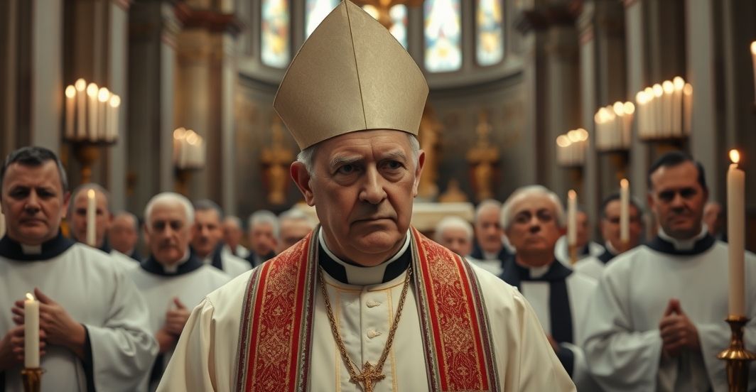 Wnętrze katolickiego kościoła z duchownym w kontekście kryzysu modernistycznego Wnętrze katolickiego kościoła z kapłanem w tradycyjnych szatach, ukazujące powagę i duchowe zagubienie we współczesnym kryzysie Kościoła