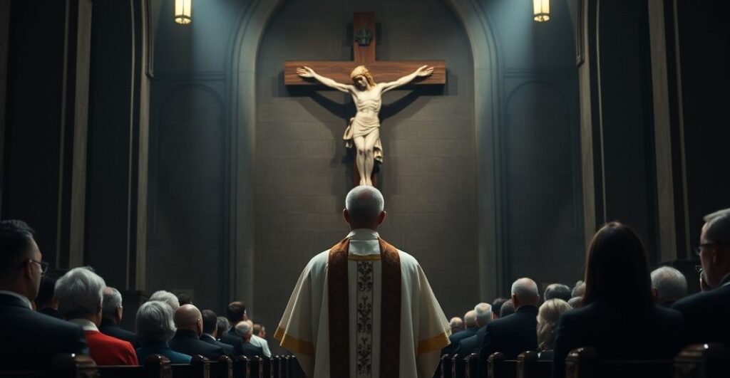 Ksiądz katolicki w liturgicznym stroju przed krucyfiksem w kościele, wyraz refleksji nad brakiem Chrystusowego panowania, symbolizujący duchowe rozczarowanie politycznymi gestami