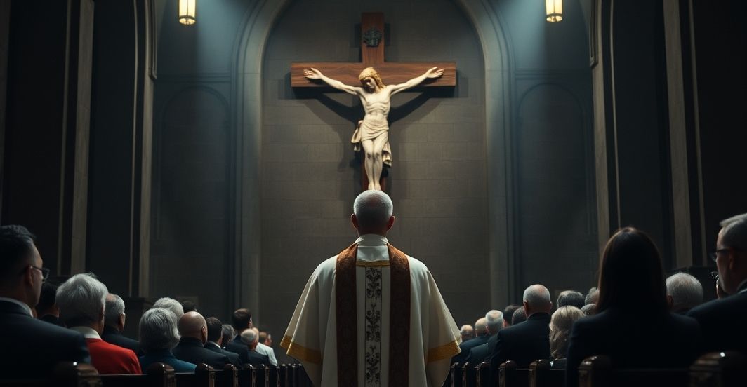 Ksiądz katolicki w liturgicznym stroju przed krucyfiksem w kościele, wyraz refleksji nad brakiem Chrystusowego panowania, symbolizujący duchowe rozczarowanie politycznymi gestami