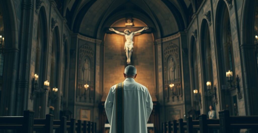 Religijna scena w tradycyjnym kościele katolickim z kapłanem przed krzyżem, oddająca powagę i wierność tradycji
