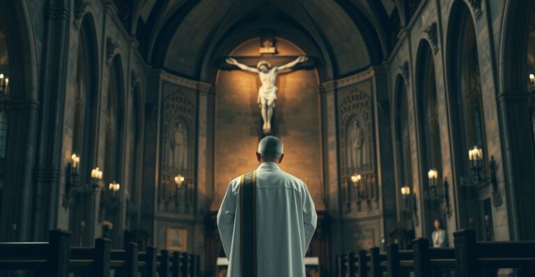 Religijna scena w tradycyjnym kościele katolickim z kapłanem przed krzyżem, oddająca powagę i wierność tradycji