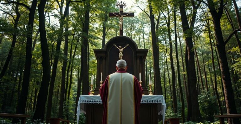 Ksiądz w tradycyjnym stroju katolickim przed ołtarzem w lesie, symbolizujący krytykę ekologistycznych pseudoreligii i odwrócenia od prawdziwej wiary