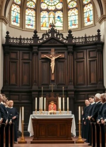 Refleksja nad kryzysem moralnym i duchowym w Kościele katolickim Wnętrze katolickiego kościoła z kapłanami w sutannach podczas modlitwy, wyraz powagi i krytyki ideologii gender, odzwierciedlając duchowy kryzys współczesnego społeczeństwa