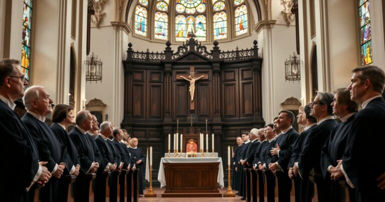 Wnętrze katolickiego kościoła z kapłanami w sutannach podczas modlitwy, wyraz powagi i krytyki ideologii gender, odzwierciedlając duchowy kryzys współczesnego społeczeństwa
