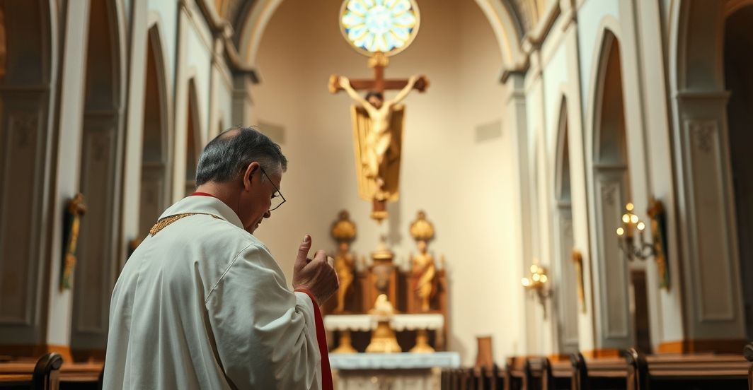 Catholic Church Interior with Praying Priest Klasztor katolicki, kapłan modlący się przed ołtarzem w świątyni, refleksja wiary i duchowej walki