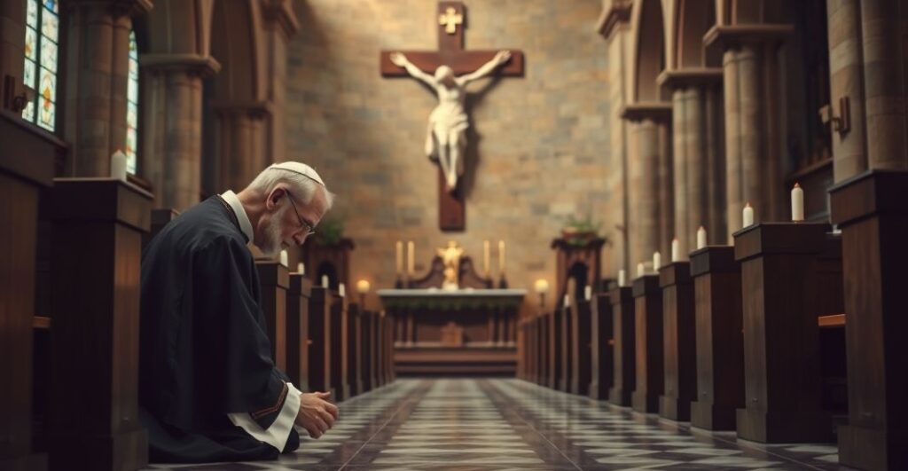 Stary katolicki mężczyzna modlący się przed krucyfiksem w zabytkowym kościele, ukazujący głębię religijnej pobożności i powagę katolickiego kultu.