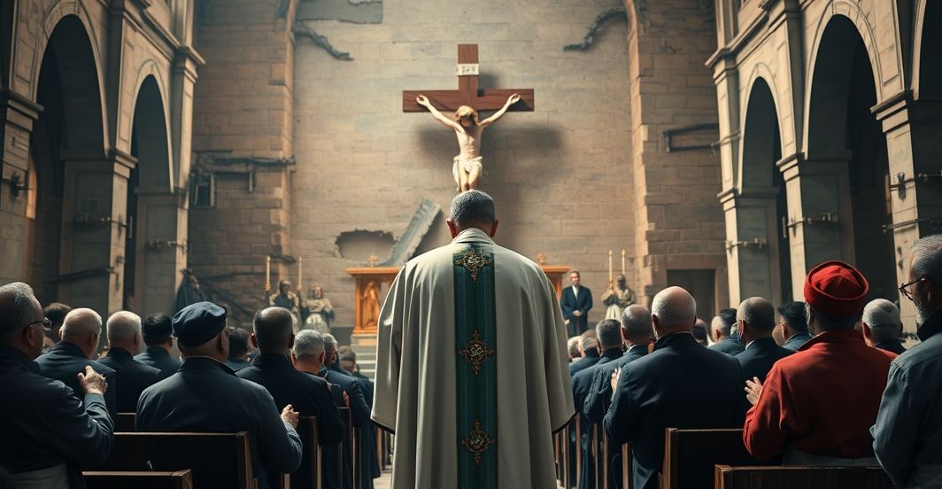 Reverent Catholic priest przed krucyfiksem w zniszczonym kościele, symbolizujący duchowe zagrożenie i krytykę prześladowań katolików w Nepalu