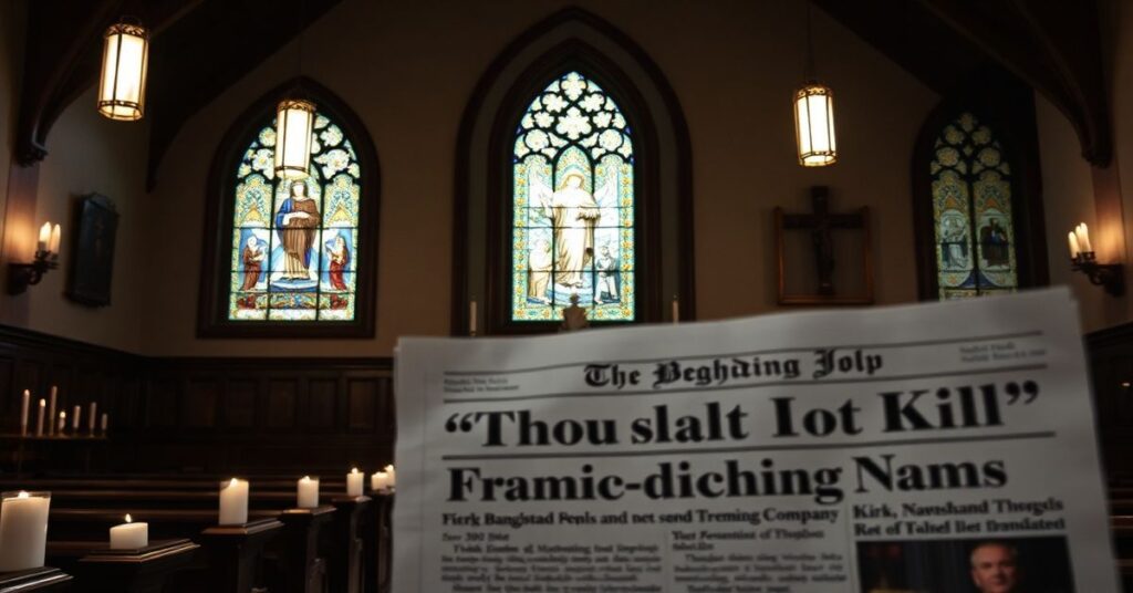 Kościół katolicki z witrażem przedstawiającym piąte przykazanie z gazetą o zamachu na Dona Trumpa