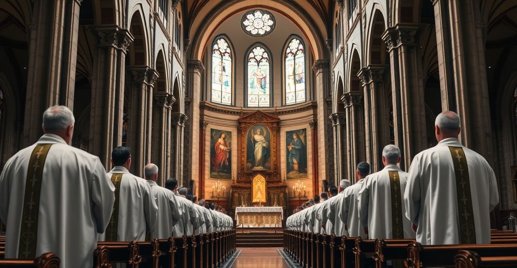 Kryzys wiary i sekularyzacja w Kościele katolickim w Polsce Kościoł katolicki w Polsce, duchowni zaniepokojeni kryzysem wiary i sekularyzacją, poważna atmosfera, refleksja nad upadkiem moralności