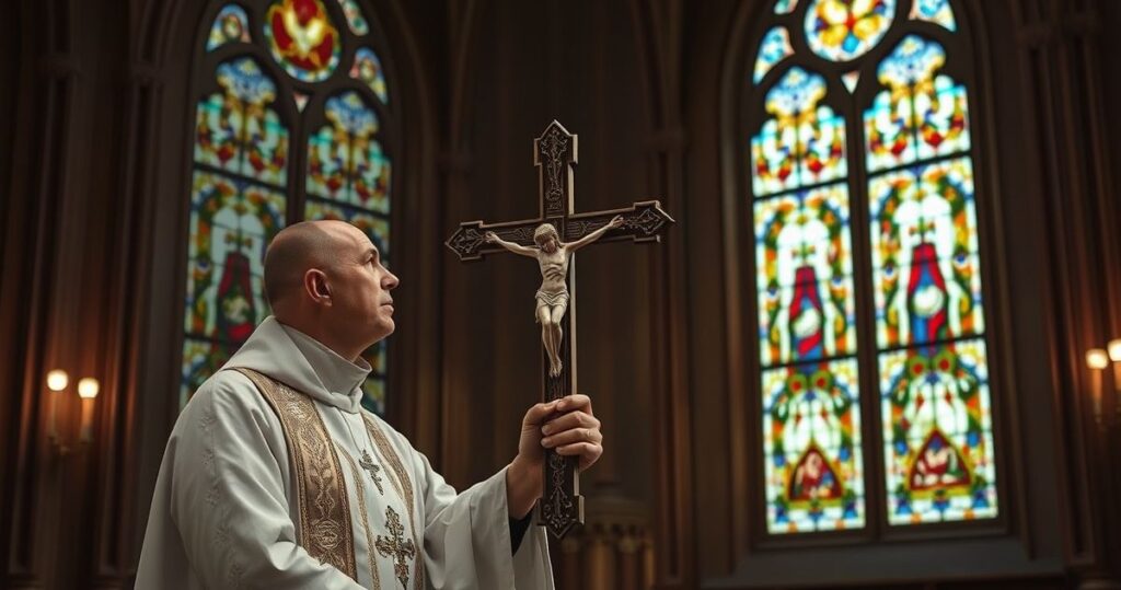 Kościół katolicki wewnątrz, kapłan trzymający krucyfiks, odzwierciedlający powagę i wiarę