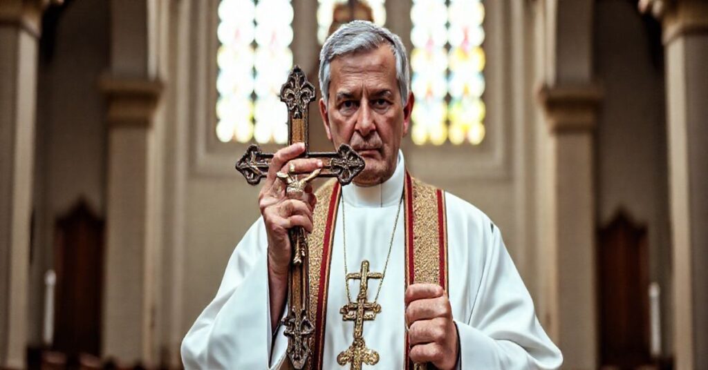 Ksiądz katolicki w liturgicznych szatach w świątyni, trzymający krucyfiks, symbolizujący moralną refleksję nad kwestiami etycznymi współczesnych szczepionek i zagrożeń dla katolickiej moralności.