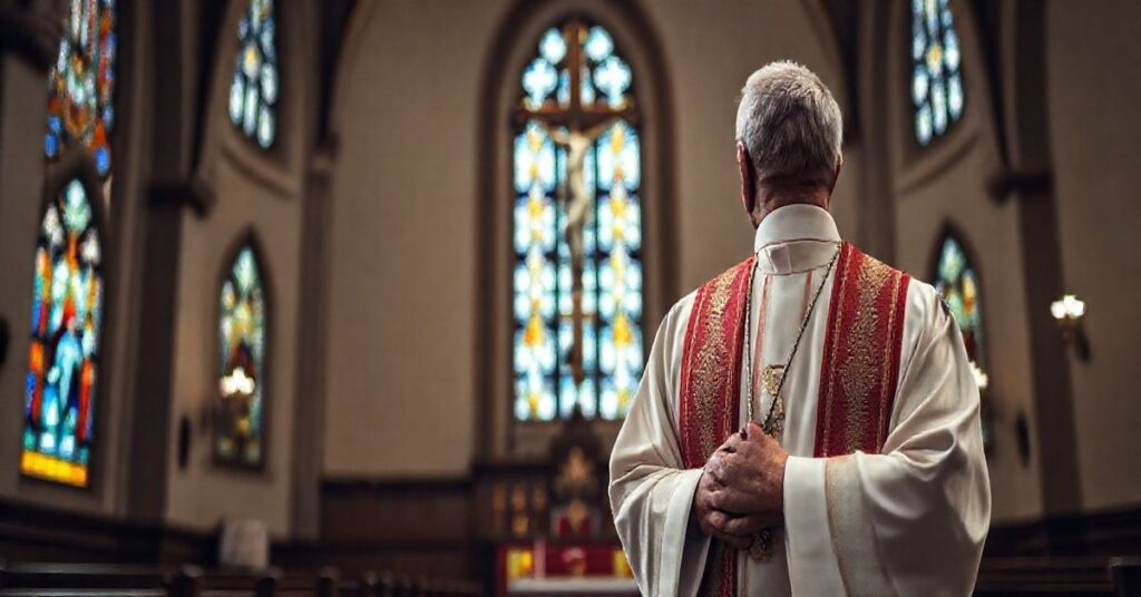 Ksiądz katolicki w sutannie w kościele, symbolizujący moralną ostoję wobec ideologii gender i ochrony dzieci, w refleksyjnym nastroju