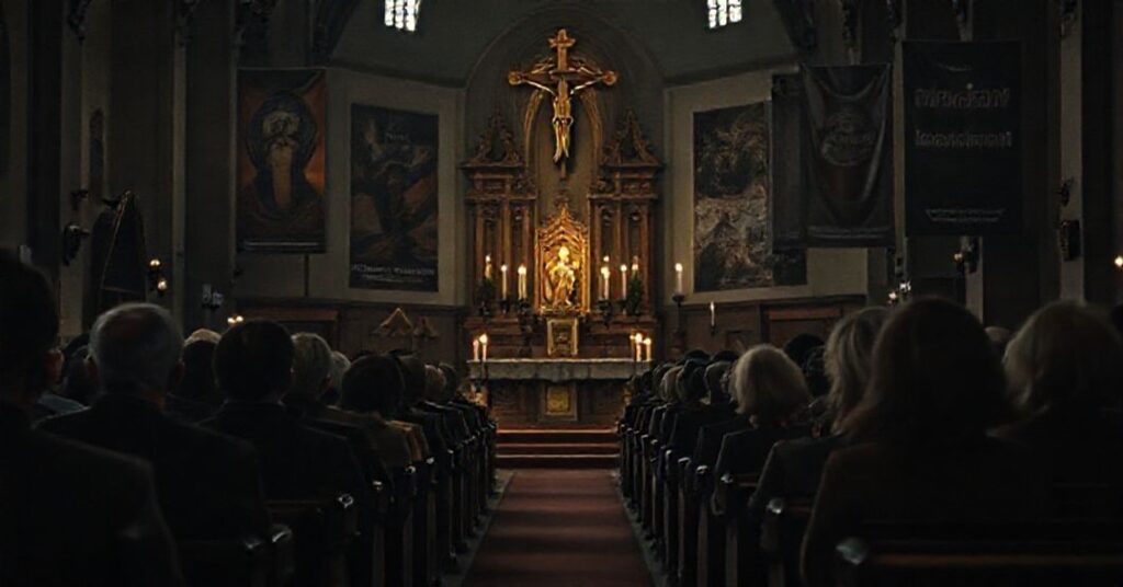 Wnętrze tradycyjnego kościoła katolickiego podczas liturgii z widocznymi elementami nowoczesnego apostazji.