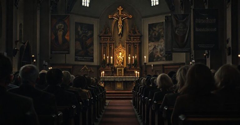 Wnętrze tradycyjnego kościoła katolickiego podczas liturgii z widocznymi elementami nowoczesnego apostazji.