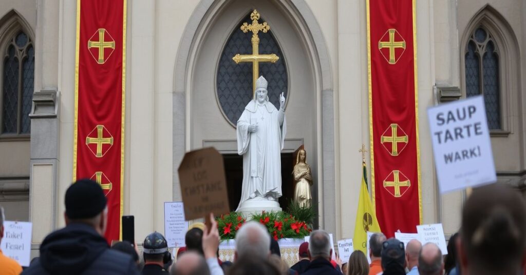 Stary kościół katolicki w Kanadzie z wiernymi modlącymi się przed Chrystusem Królem podczas protestów przeciwko ustawie C-9.